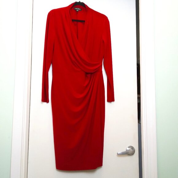 Lauren Ralph Lauren Dresses & Skirts - Ralph Lauren Red Surplice Neckline Draped Ruched Long Sleeved Stretch Dress Sz12
